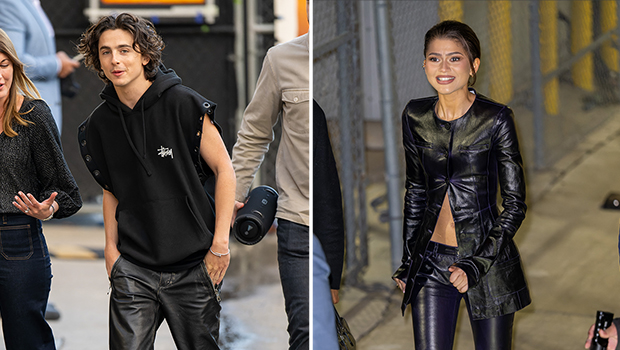 Timothee Chalamet &amp; Zendaya Coordinate in Leather Looks as They Promote ‘Dune: Part 2’ on ‘Jimmy Kimmel Live’