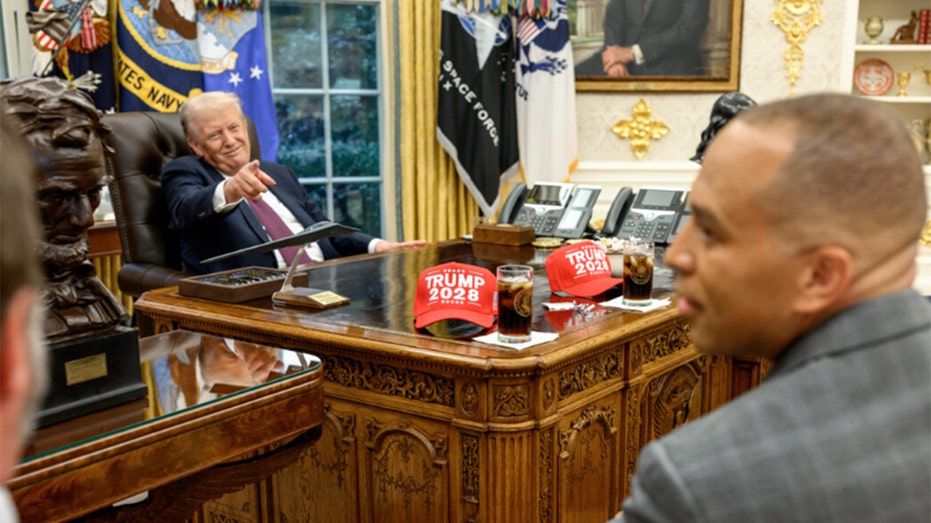Trump taunts Democrat leaders with ‘Trump 2028’ hats in Oval Office as shutdown approaches