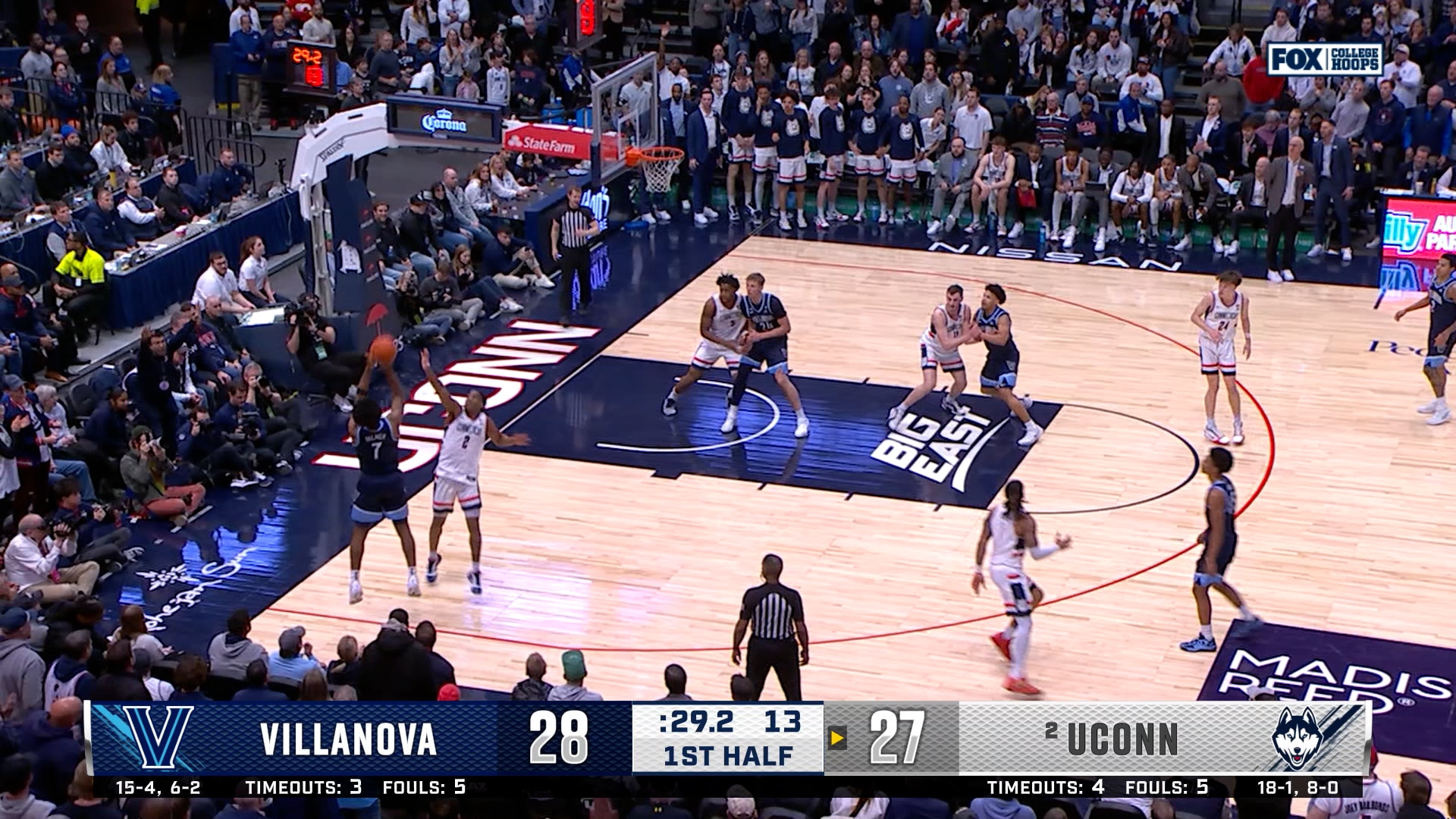 Malachi Palmer hits a corner three, extending Vilanova's lead over UConn