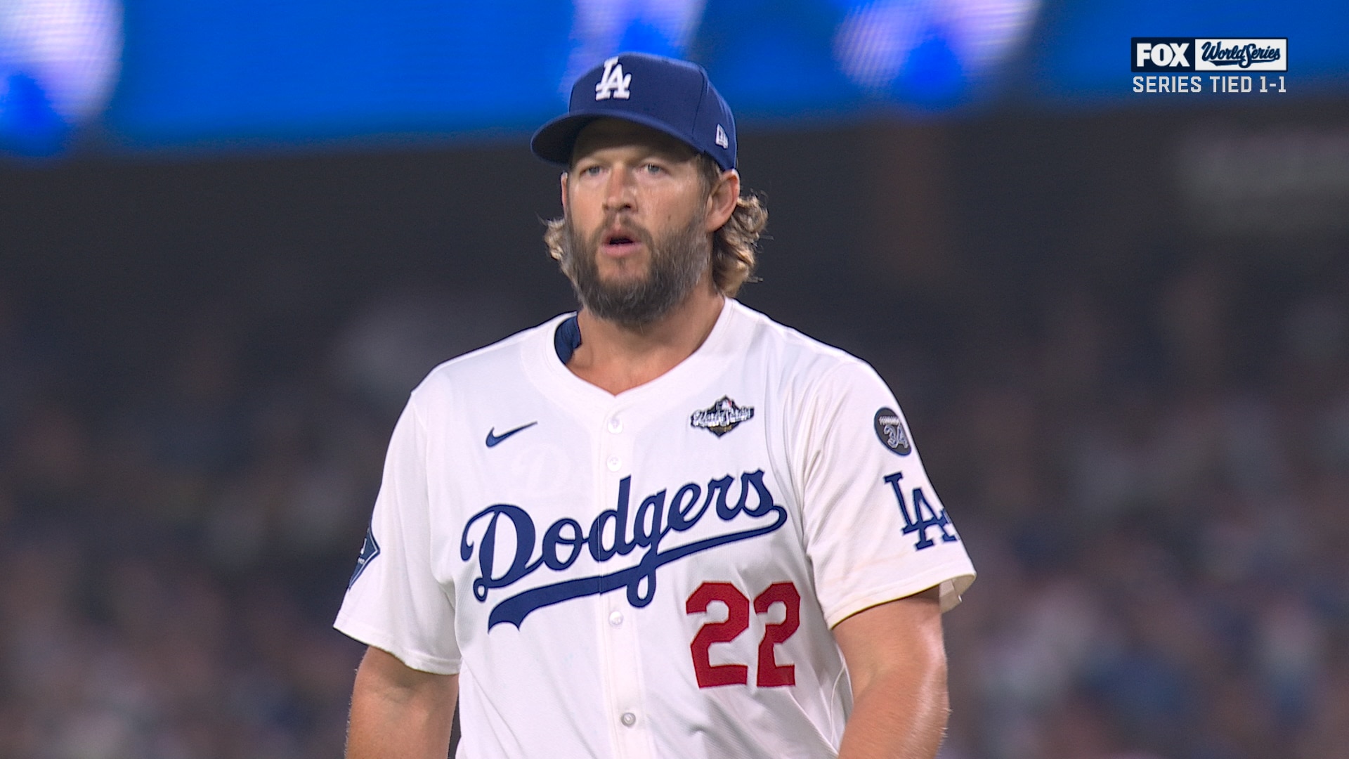 Dodgers' Clayton Kershaw records out in extra innings with bases loaded two outs to keep game tied against Blue Jays
