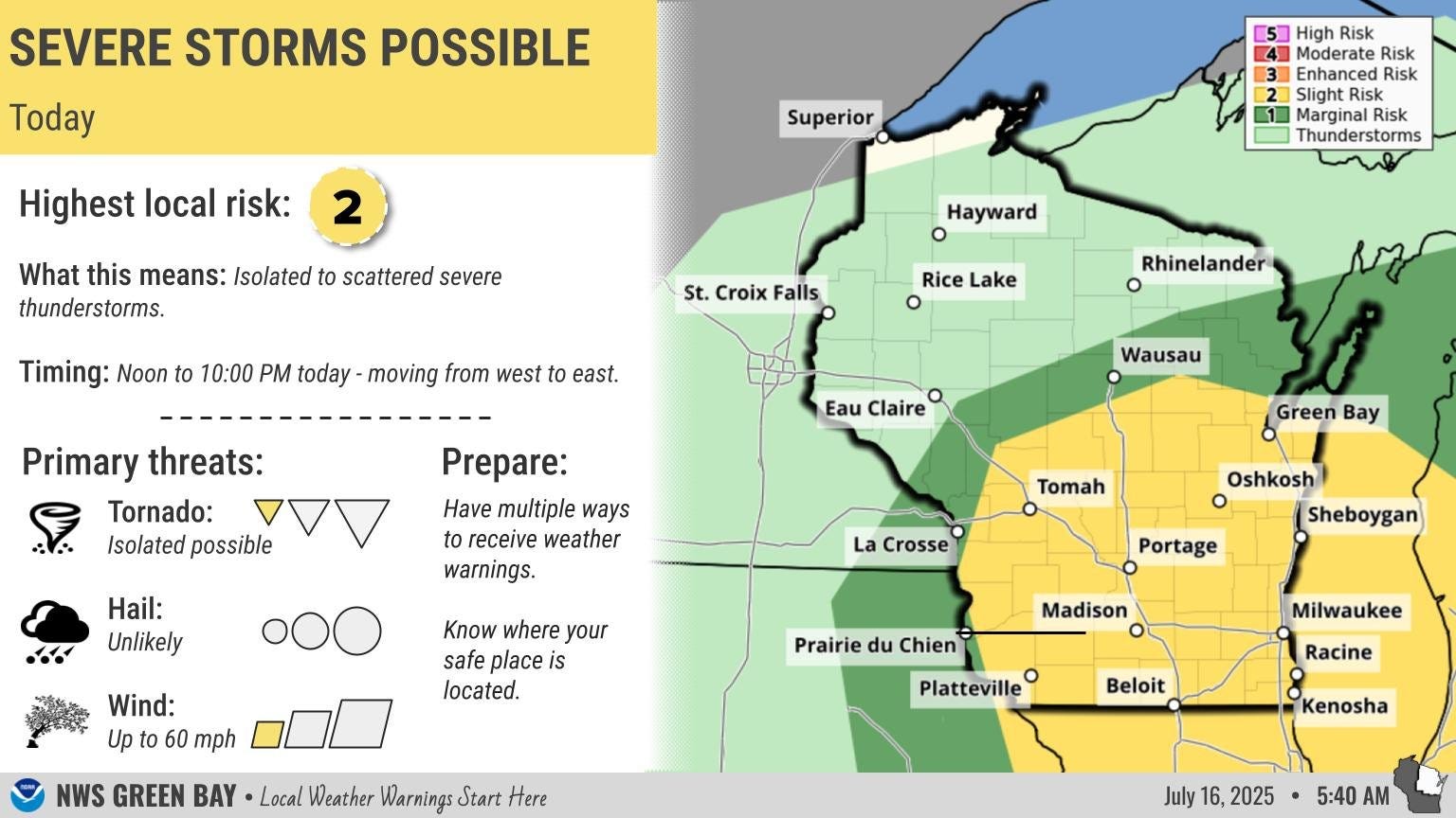 Green Bay under a flood watch, tornado watch as area could see up to 3 inches of rain, weather service reports